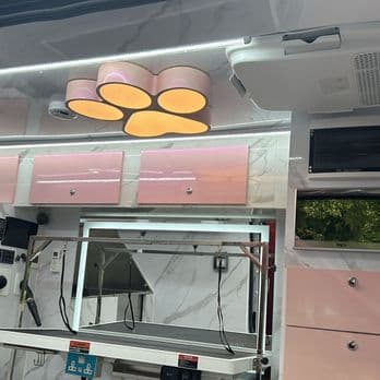 Inside the Pet Spa Luxe mobile grooming van, with grooming table and cabinetry
